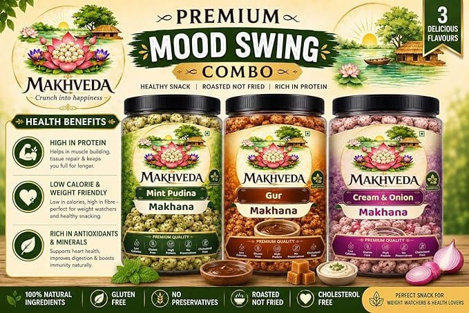 MAKHVEDA - Superfood Mood Swing Combo Makhana Roasted Fox Nuts Popped Lotus Seeds Healthy Snack Low Calorie High Protein Gluten Free Crunchy & Delicious Flavours Roasted In Olive Oil (Gud, Mint Pudina, Cream & Onion) view 2