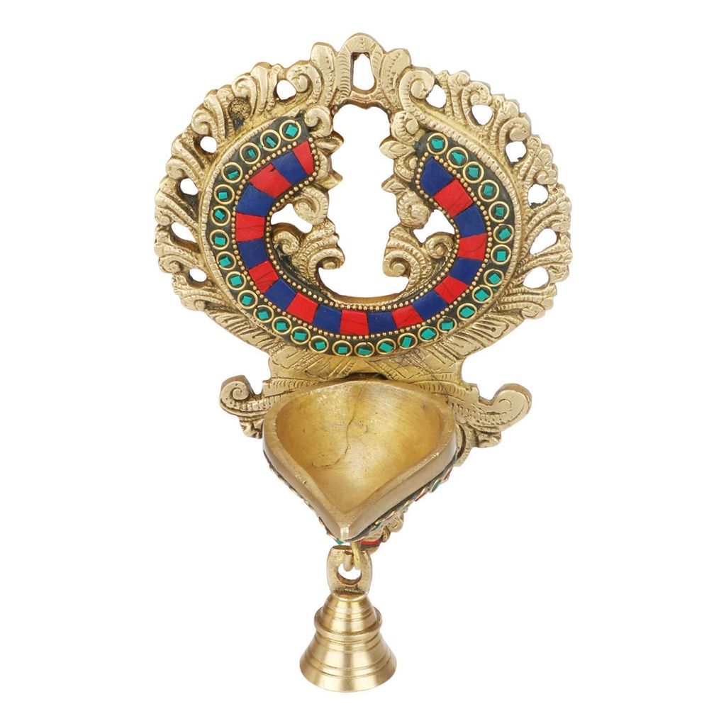 Artvarko Brass Wall Hanging Deepak with Bell Multicolor Gemstone Handwork - Height 8.5 Inches view 2