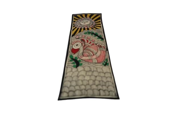 Traditional Madhubani Folk Art Wall Hanging, Hand-Painted Bird and Sun Design, Black Border view 2