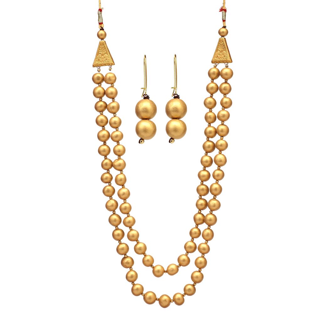 Le bijouxistic EKAM EK terracotta golden beads necklace set with earrings for women