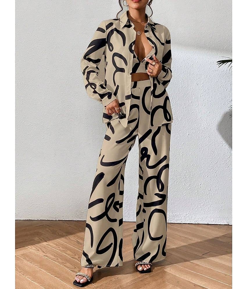 COOL AND CASUAL Women Printed Top With Palazzos Co-Ord Set ( Beige ) view 2