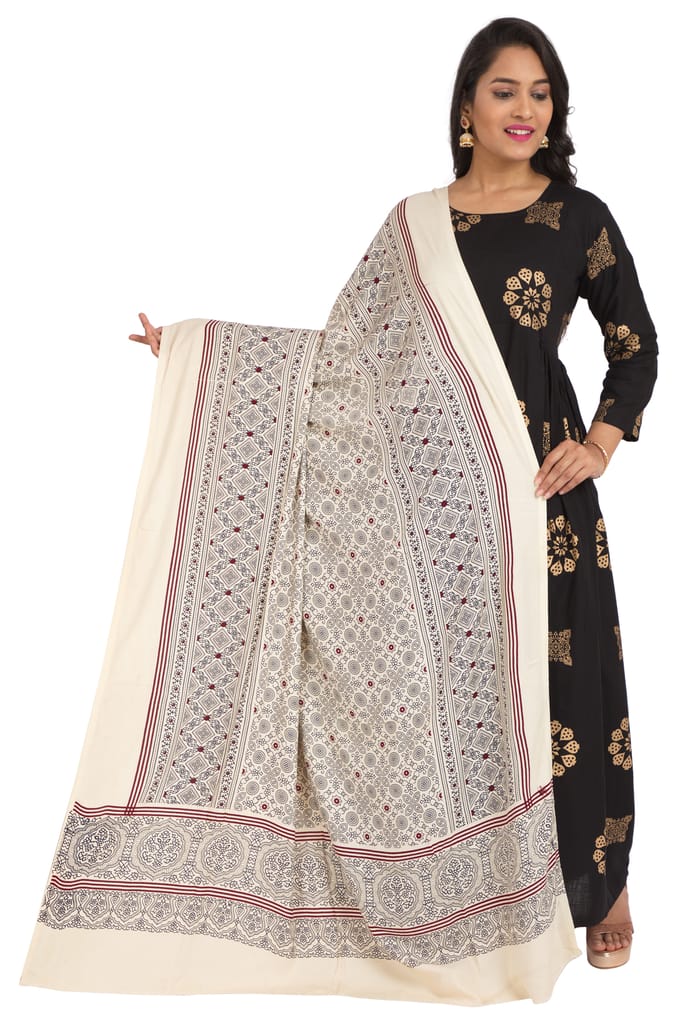 Amrozia Ajrakh Block Print Rayon Dupatta for Women (OffWhite)