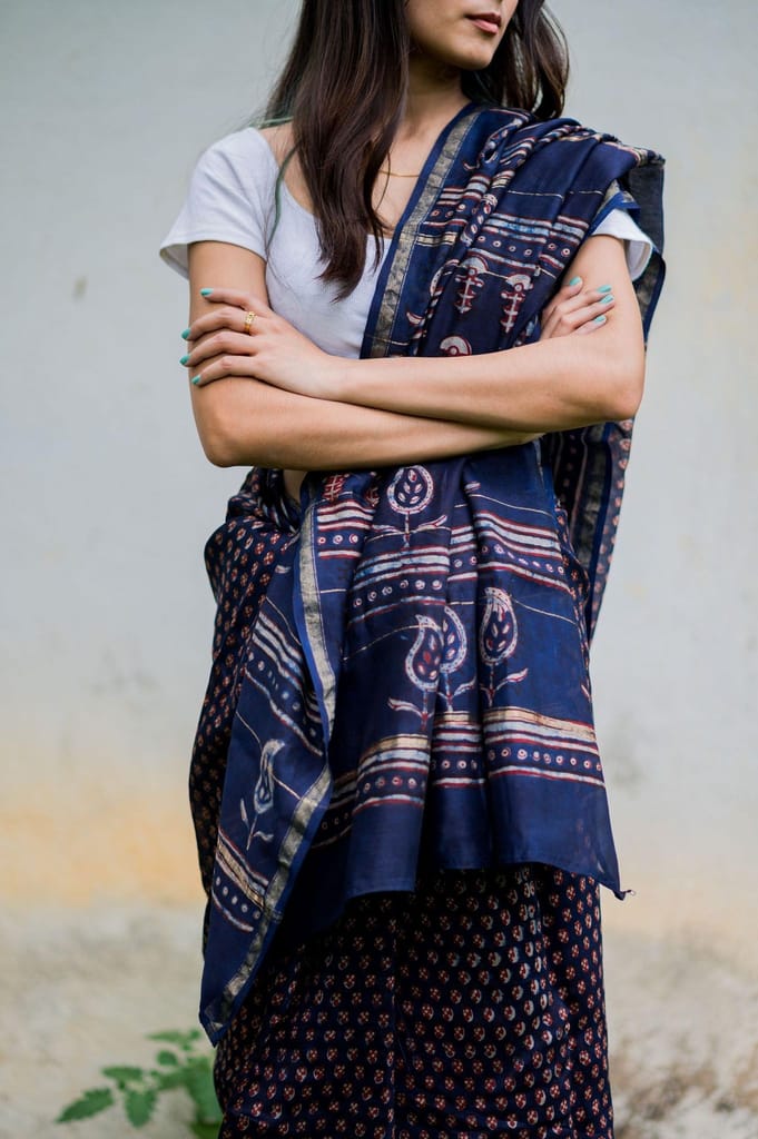 Kaisori Malhar - Dabu Pharad Makkhi handblockprinted Silk Cotton saree view 2