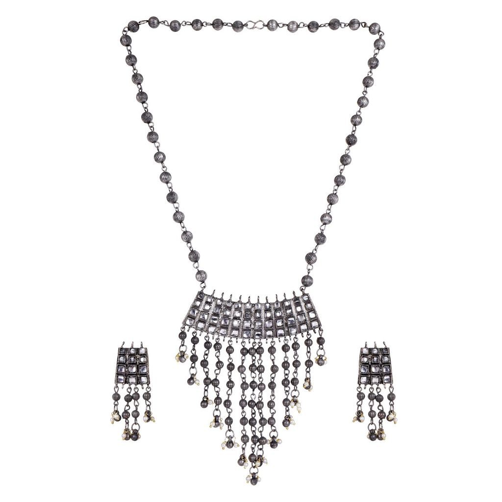 Cardinal Oxidized Metallic Color Kundan Long Chain Necklace Set view 2