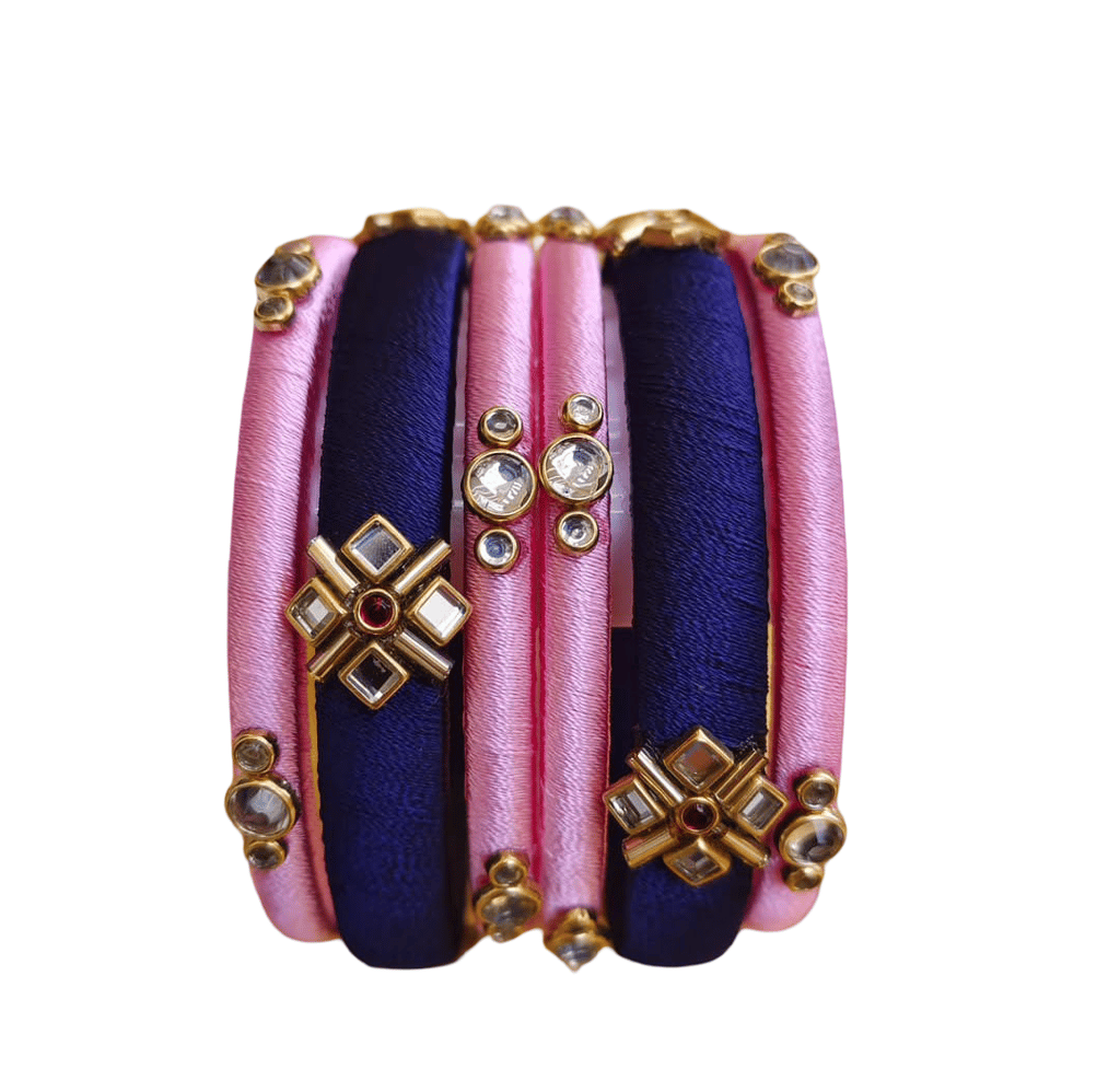 Pink & Blue Silk Thread Bangles with Mirror & Crystal Embellishments view 2