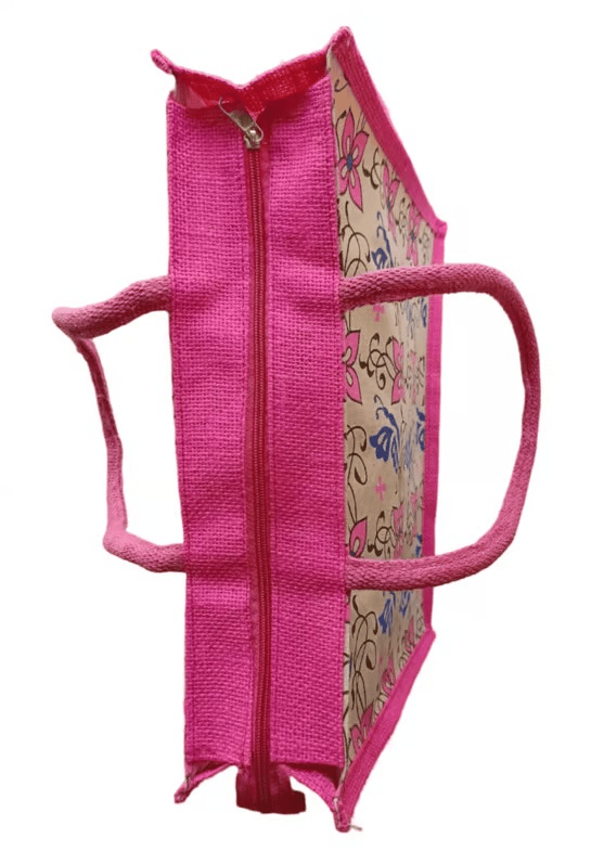 Eco-Friendly Jute Bag: Pink Floral & Butterfly Print Tote with Zip Closure view 2
