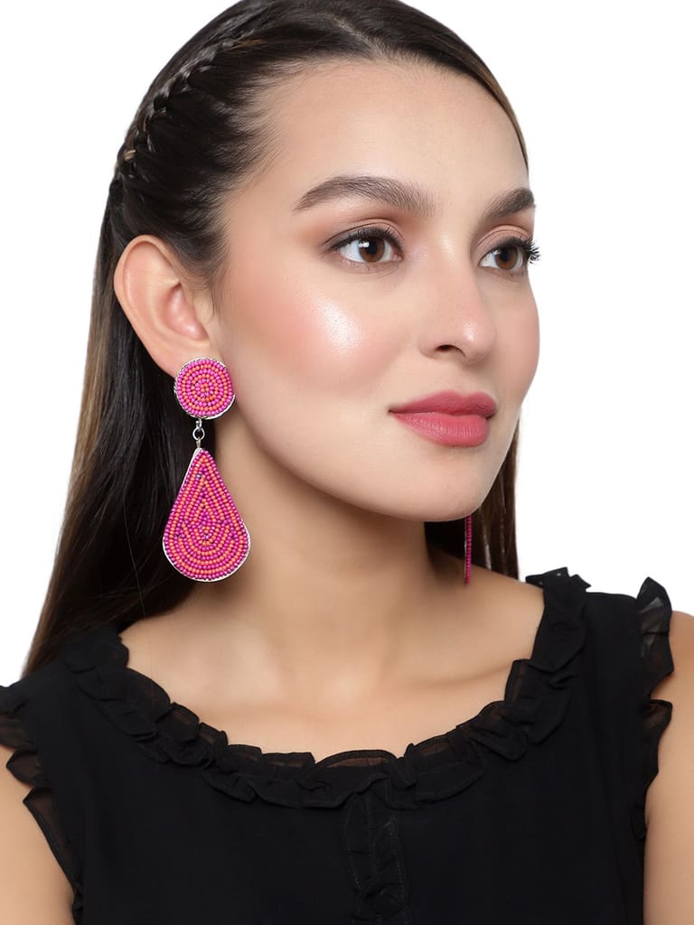 Cardinal Pink Color Beads Weaving Metal Base Geometric Design Earrings view 2