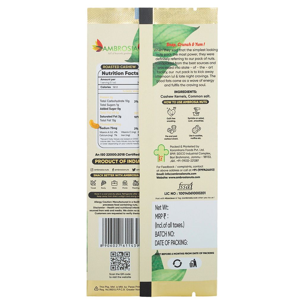Ambrosia Indian Roasted & Salted Cashew Kernels Mini Packs 40g | Pack of 5 view 2