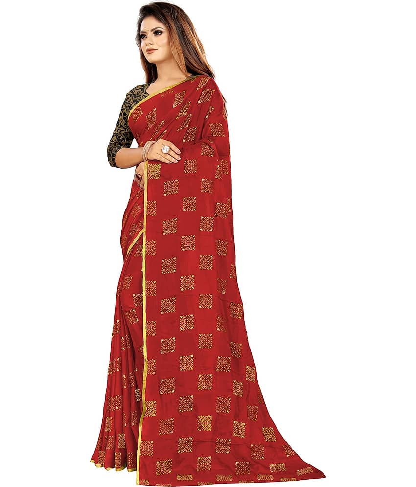 Rhey Chiffon Saree With Unstitched Blouse Piece ( Red ) view 2