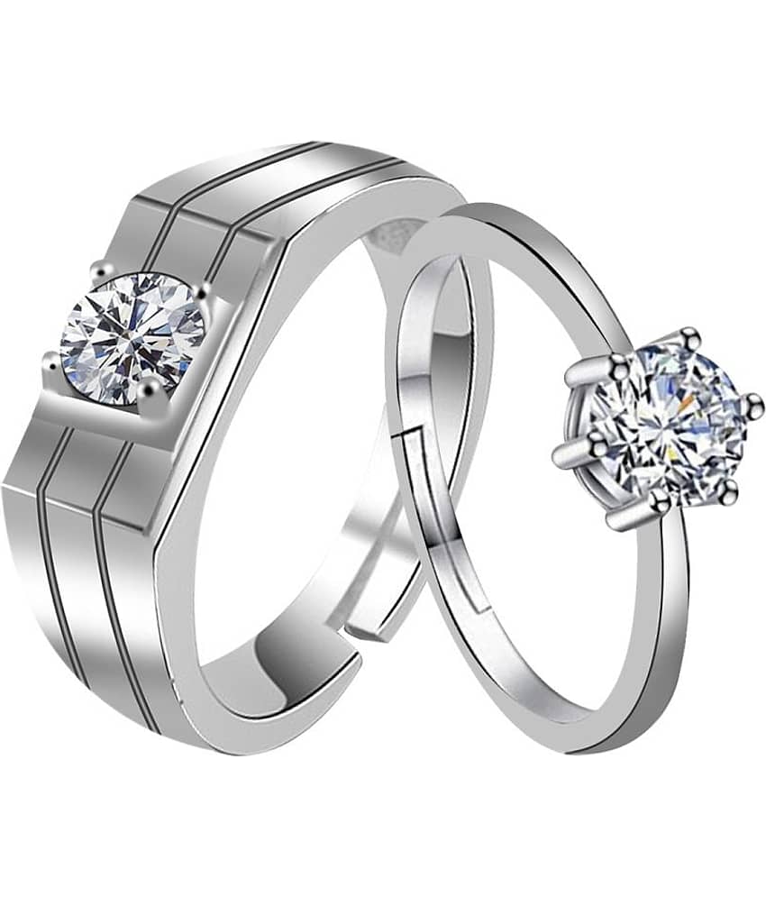SILVERSHINE,silver plated winsome and withstand design with round pretty diamond adjustable couple ring for men and women. view 2
