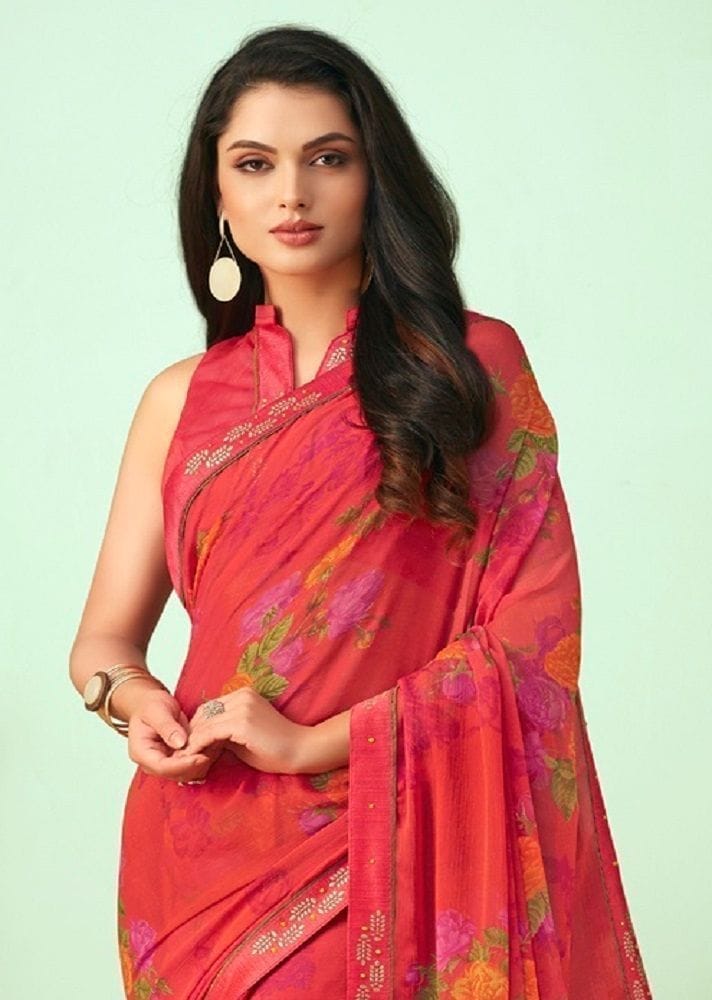Printed Chiffon Saree in Pink view 2