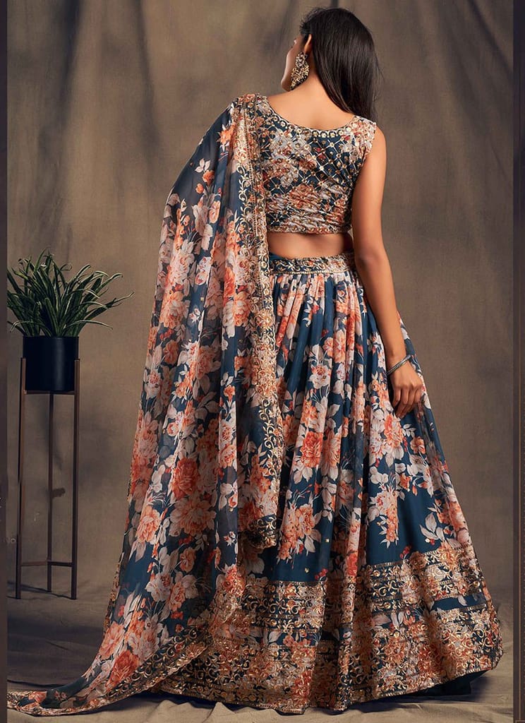 Elegant Navy Blue Organza Semi-Stitched Lehenga Choli with Dupatta Set view 2