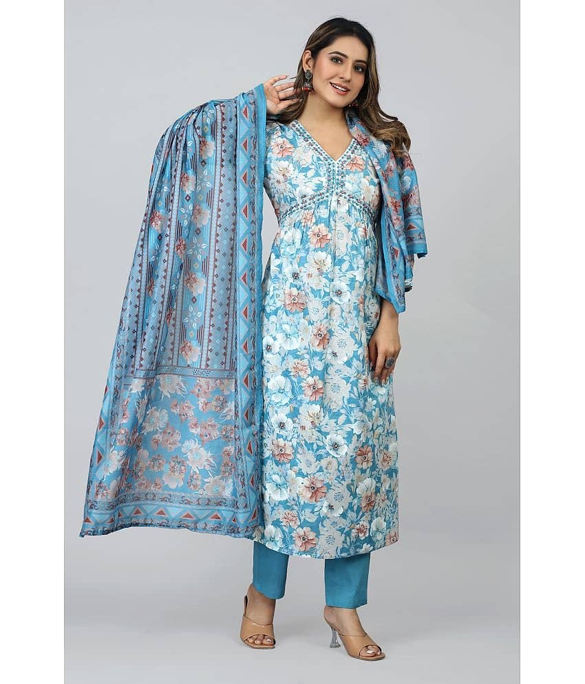 SARRAS Cotton Printed Kurti With Pants Women's Stitched Salwar Suit - Blue ( Pack of 1 )