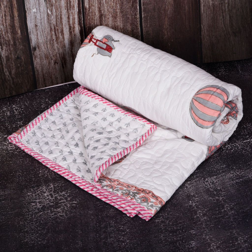Hand Block Printed Cotton Baby Quilted Blanket (Light Rajai) – Quilted, 60x40 inches (100x150 cm) Peach pink Baloon view 2