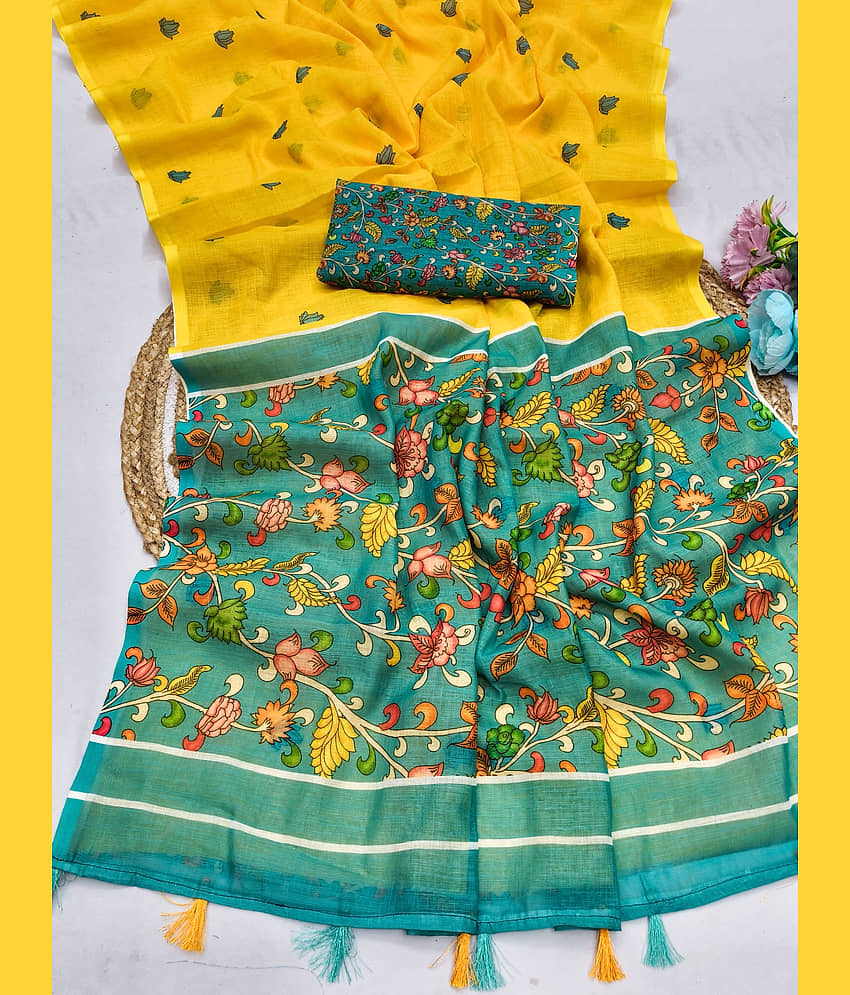 ANAND SAREE Cotton Blend Printed Regular Saree With Unstitched Blouse Piece ( Yellow ) view 2