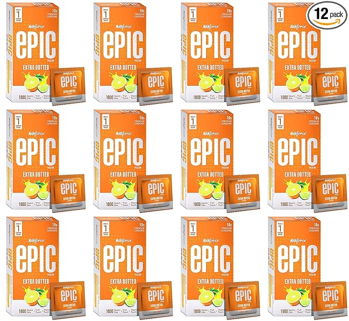 Manforce Epic Passion Extra Dotted Premium Condoms For Men With 1800 Square Dots Fruit Punch Flavour Disposable Pouch (10 Counts) Orange x pack of 12