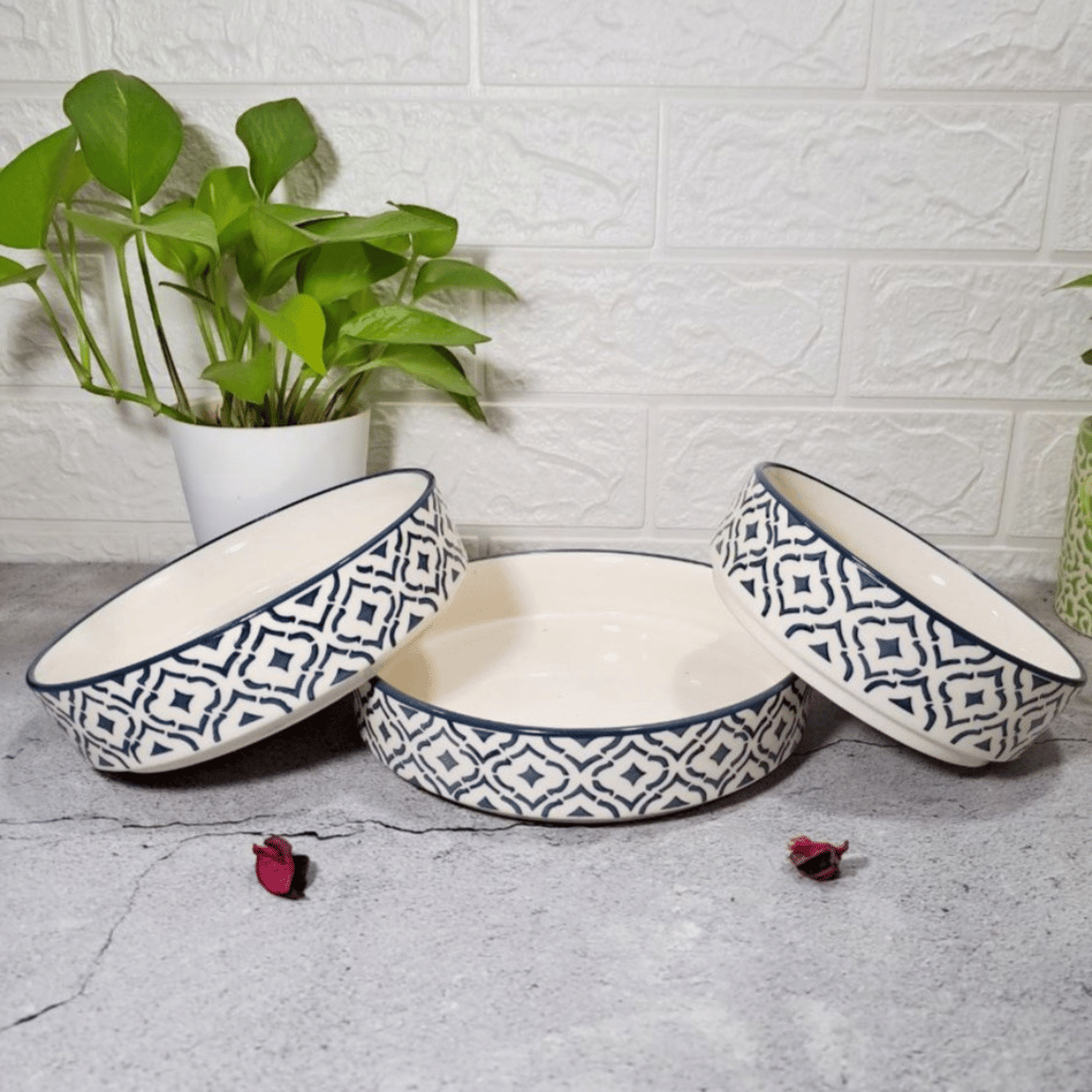 Homefrills Studio Pottery Hand-Painted Ceramic Salad Tray/Bowl, Deep Dish Bowl , Salad Plate for Serving Snacks, Fruits, Salad, Noodles & Pasta Microwave Dishwasher Safe/BPA & Lead Free -Set of 3 Color -Grey view 2