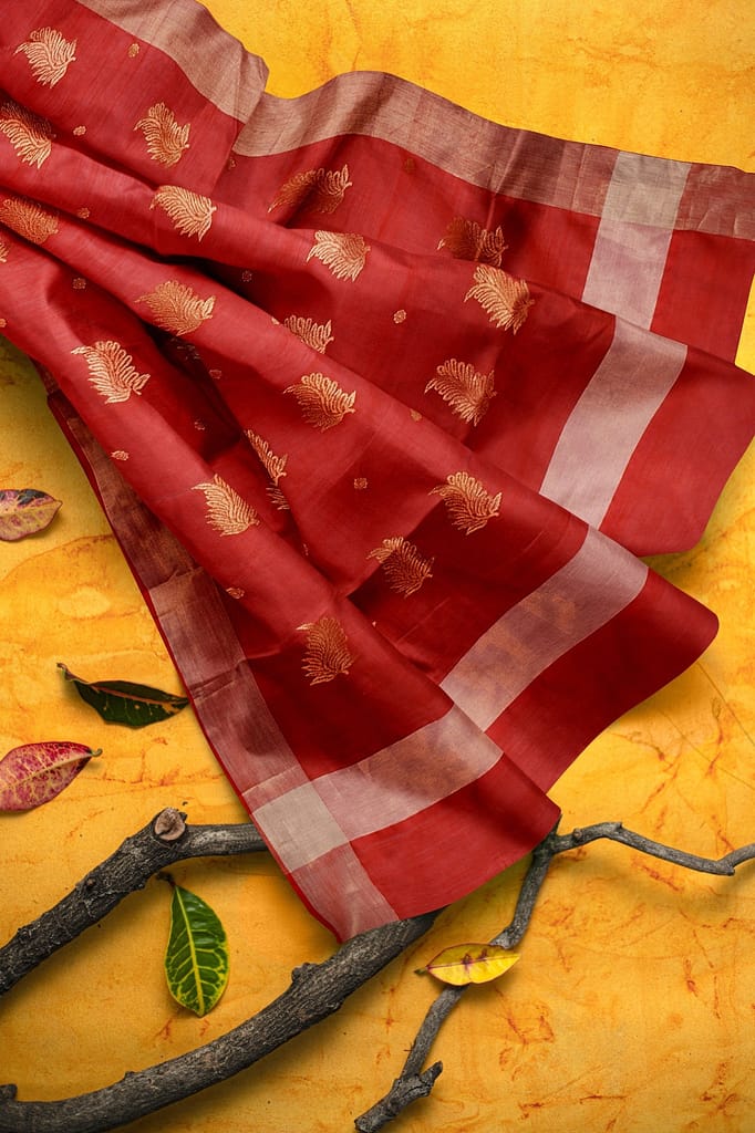 Red Handwoven Traditional Leaf Golden Buta Chanderi with Zari Border SKU - BS10083 view 2