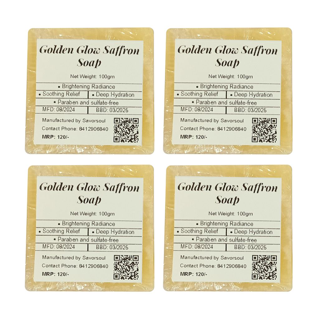 Savorsoul Golden Glow Saffron Handcrafted Bathing Soap – Pack of 4 (100g each,400g Total) Premium Saffron, Soothing sandalwood, and Nourishing Goat Milk