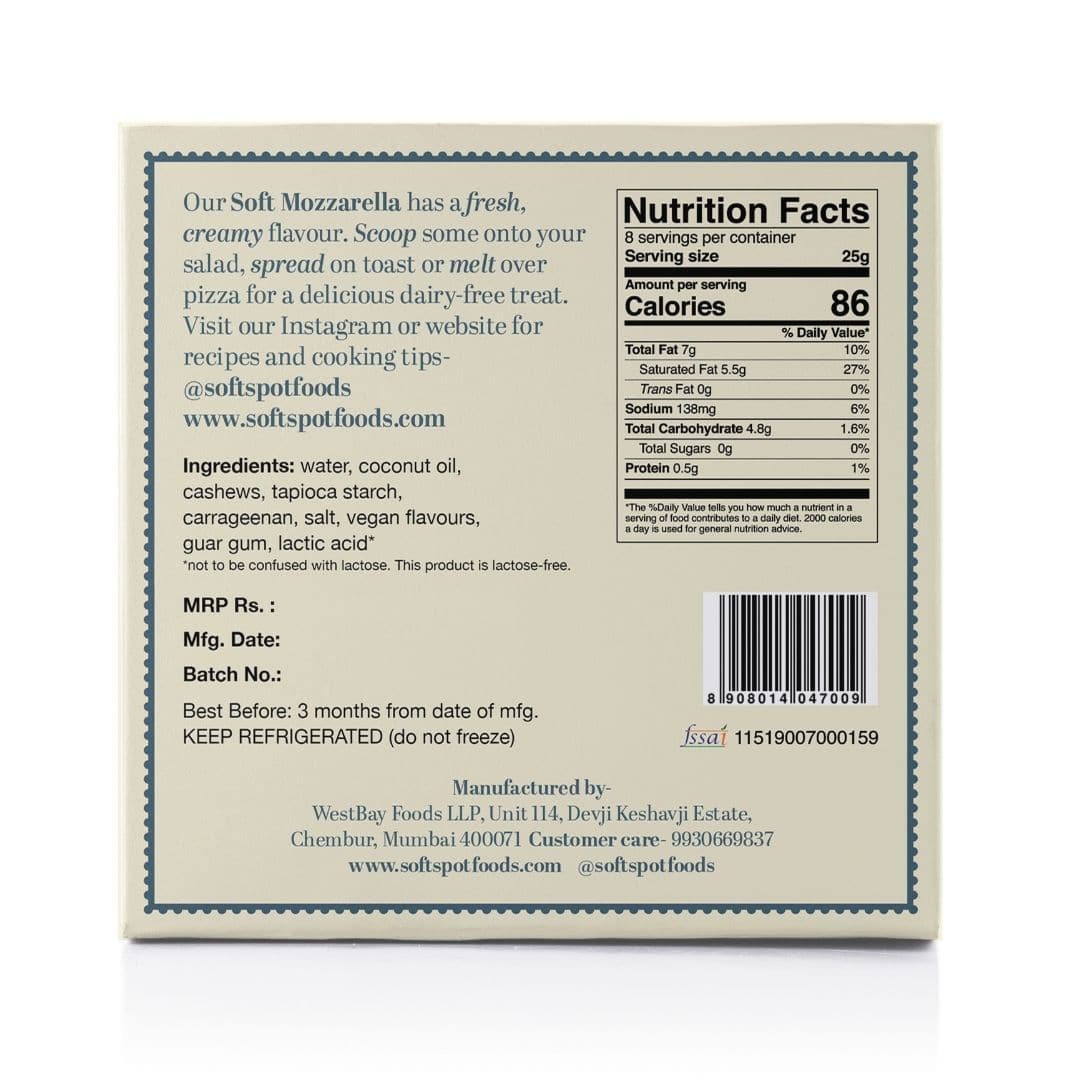 Soft Spot Foods- Soft and Creamy Plant Based Mozzarella Block, 200 gm view 2
