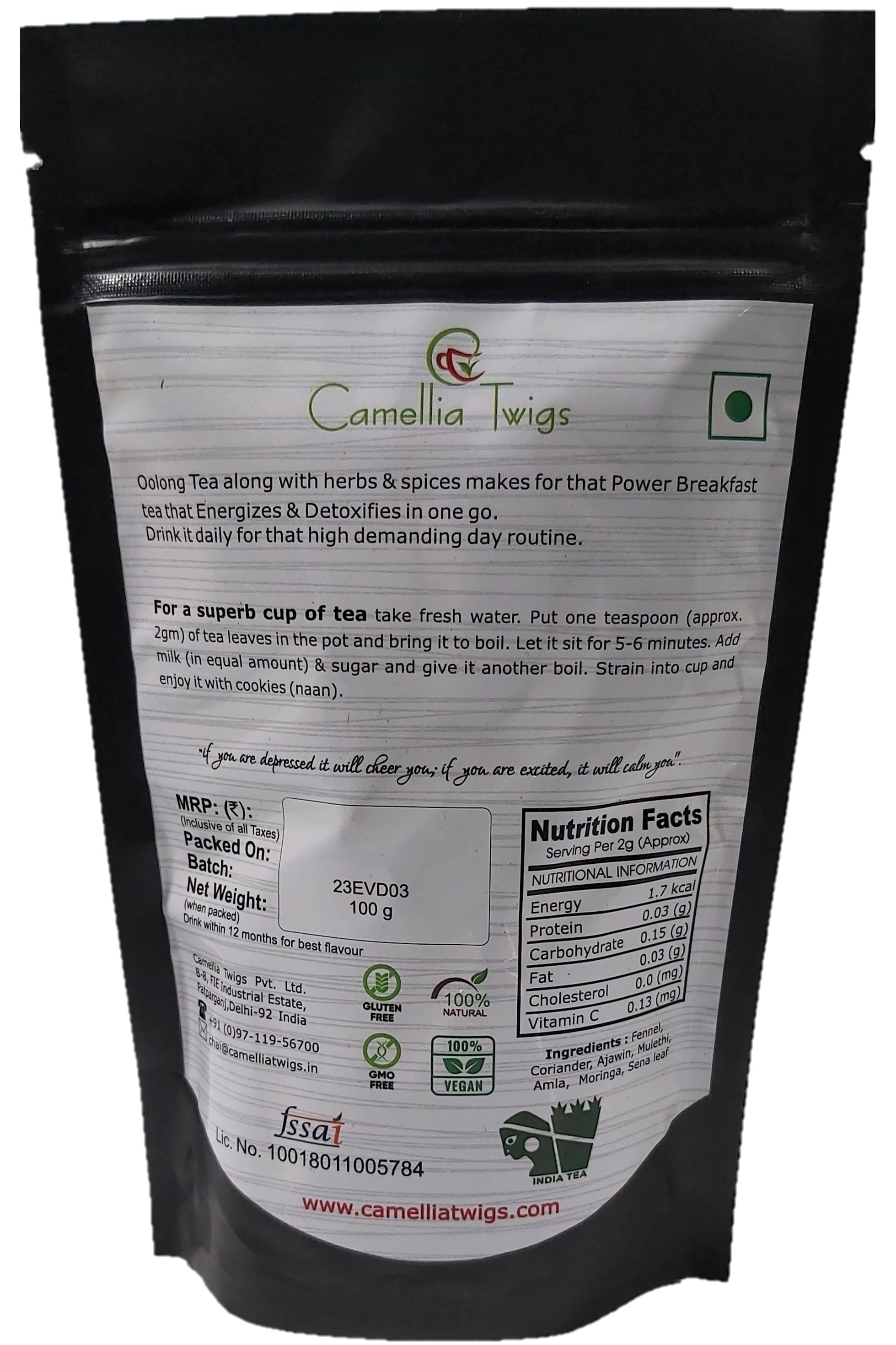 Camellia Twigs Morning Detox Tea | Oolong with Lemon Tulsi, Ginger, Cinnamon, Gooseberry, Nettle Leaf & Hibiscus | 100g Loose Leaf | Ayurvedic Herbal Cleanse & Metabolism Boost pack Of 2 view 2