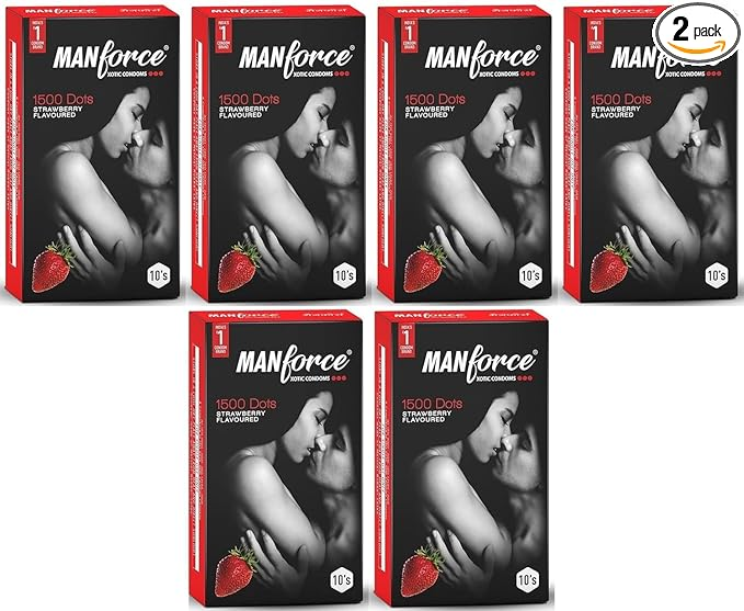 Manforce Xotic Strawberry Flavoured Extra Dotted Condoms for Men| Extra Dotted for Her Extra Stimulation| Lubricated Latex Condoms | 10 pcs x Pack of 6