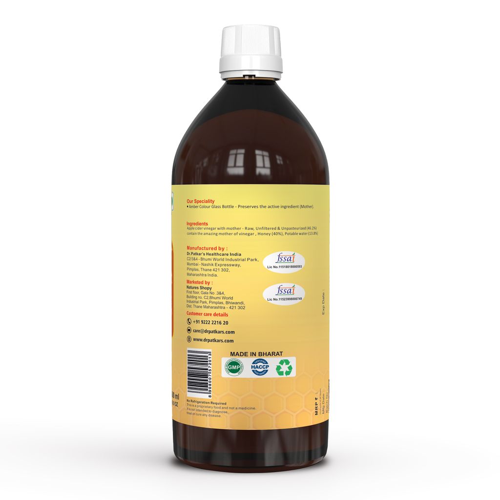 Dr. Patkar's Apple Cider Vinegar With Honey | Unfiltered & Undiluted | Suitable for Weight loss with Improved Immunity | Weight management (With Mother) 500ml view 2