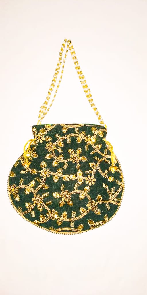 Green Velvet Potli Bag with Pearl and Zari Embroidery view 2