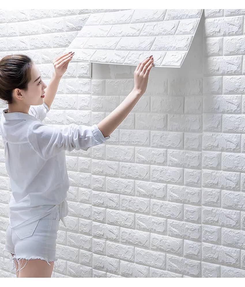 SWIPE N SEE 3D Brick Wallpaper PE Foam self Adhesive Brick Design Wall Stickers/DIY Wallpaper for Home Hotel Living Room Bedroom Cafe Deco White