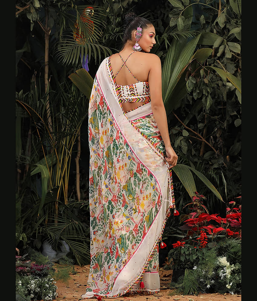 BLEESBURY Georgette Printed Saree With Unstitched Blouse Piece ( White ) view 2