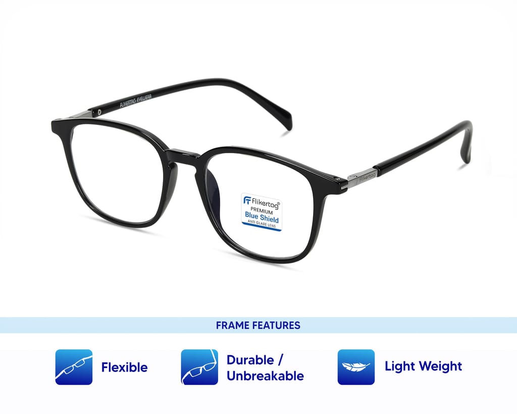 Flikertag Blue Cut Computer Glasses for Eye Protection | Zero Power Blue Light Filter Glasses With UV Protection | Anti Glare Specs for Men & Women [FTF212 F1 Round Glossy Black Frame, 49mm] view 2