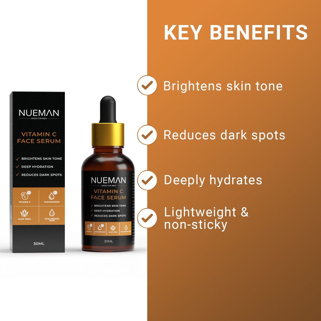 NUEMAN Vitamin C Face Serum (30ml) + Lip Balm with SPF 15 (5g) | Combo for Men | Brightens Skin, Fades Dark Spots, Repairs Dry, Chapped Lips | Non-Sticky, Fragrance-Free, Dermat-Tested | Made in India view 2