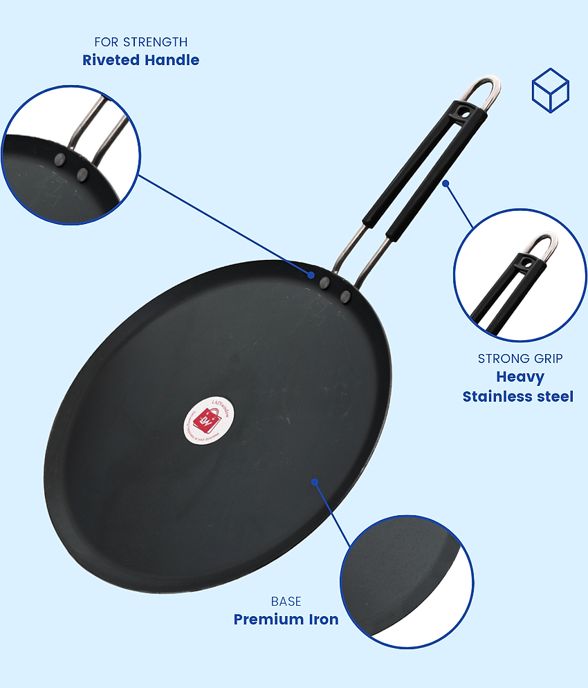 LAZYWINDOW Non Coated Cast Iron Roti Tawa Induction Bottom Stainless Steel Handle 2 mm Thickness 25 cm Diameter view 2