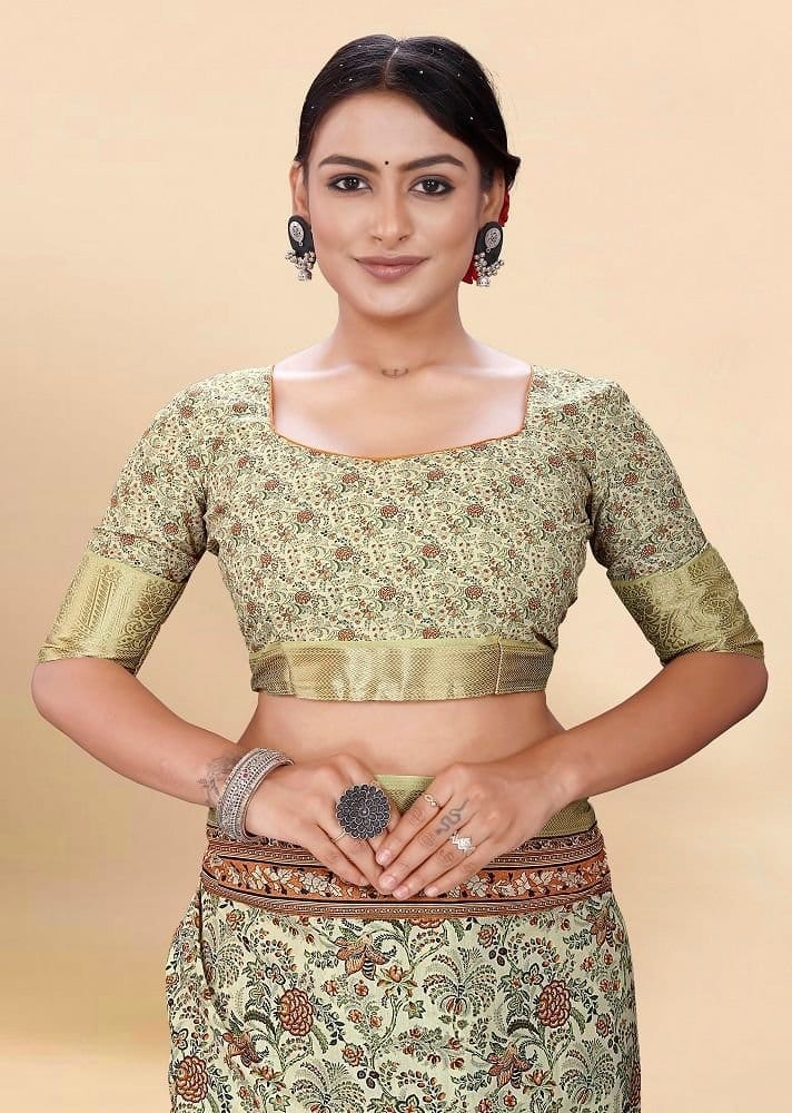 Digital Printed Cotton Saree in Cream view 2
