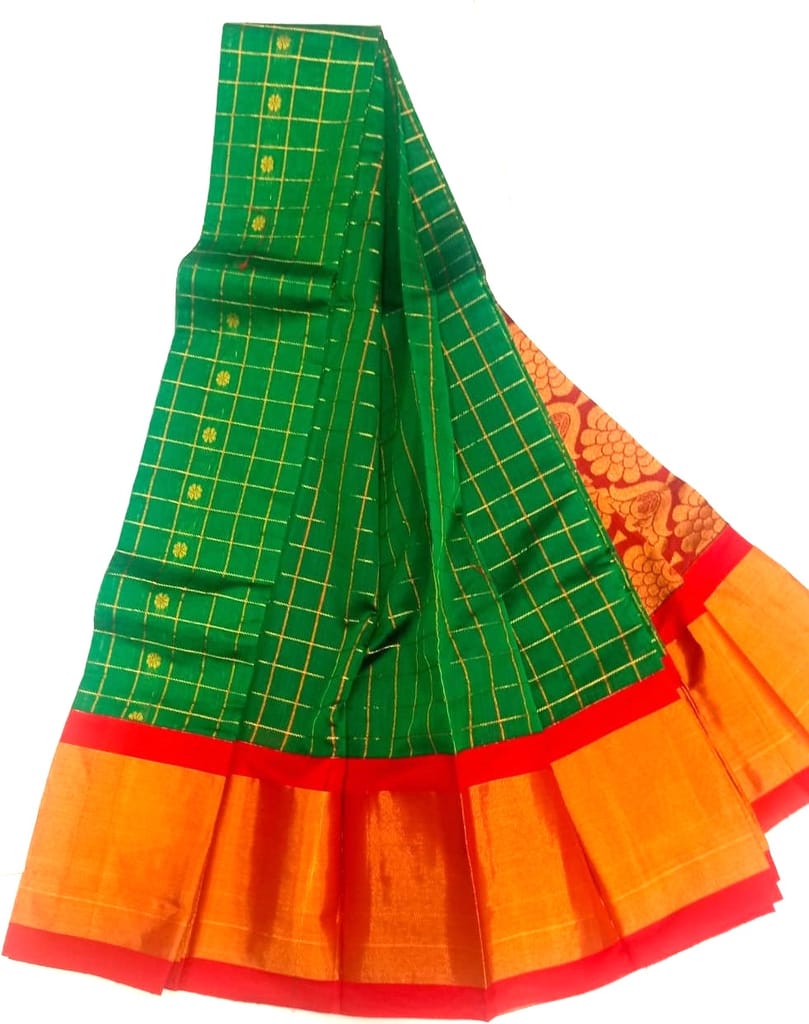 Green and gold zari checked patola silk saree with contrast red and gold border view 2