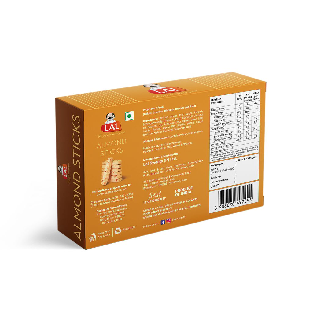Lal Sweets Almond Sticks Cookies 400g (Pack Of 1) || Made With Milk Solids, Butter, Ghee and Fresh Almonds || Protein Cookies || Indian Traditional Biscotti || Fresh Tea Time Delicious Snack view 2