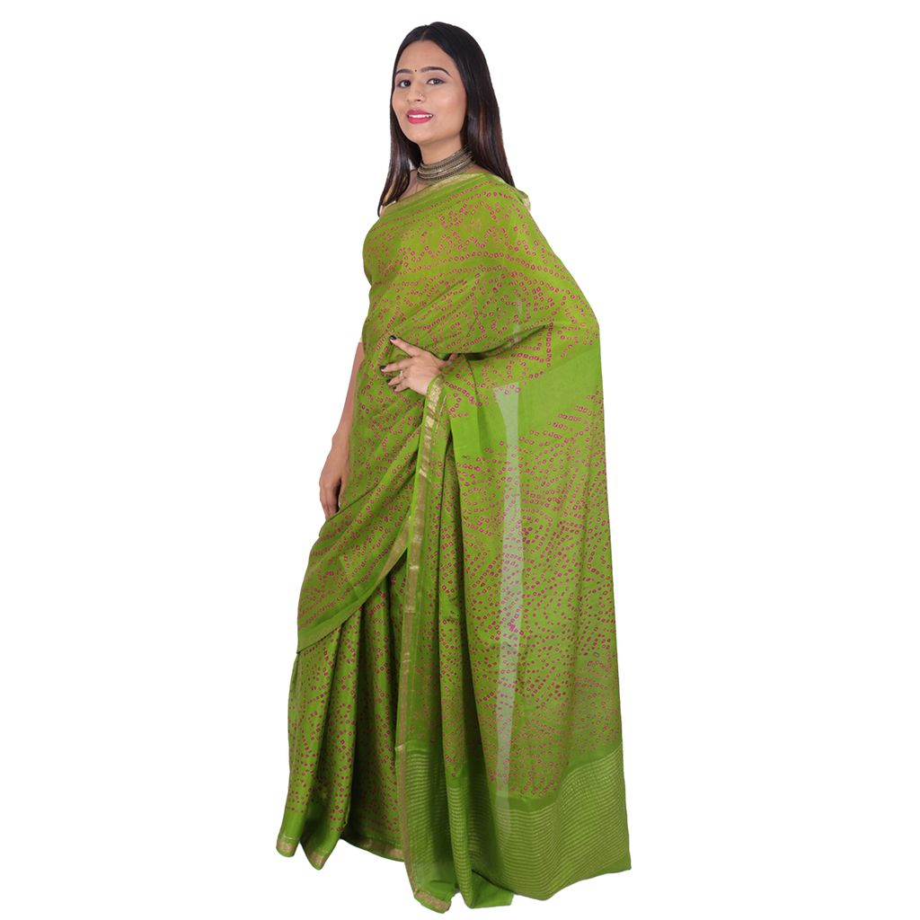 Tribes India Handwoven Green and Orange Bandhej Saree view 2
