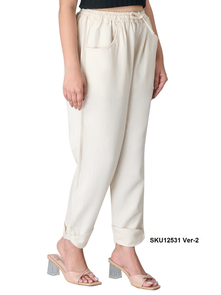 Women's Beige Regular Fit Cotton Casual Pants view 2