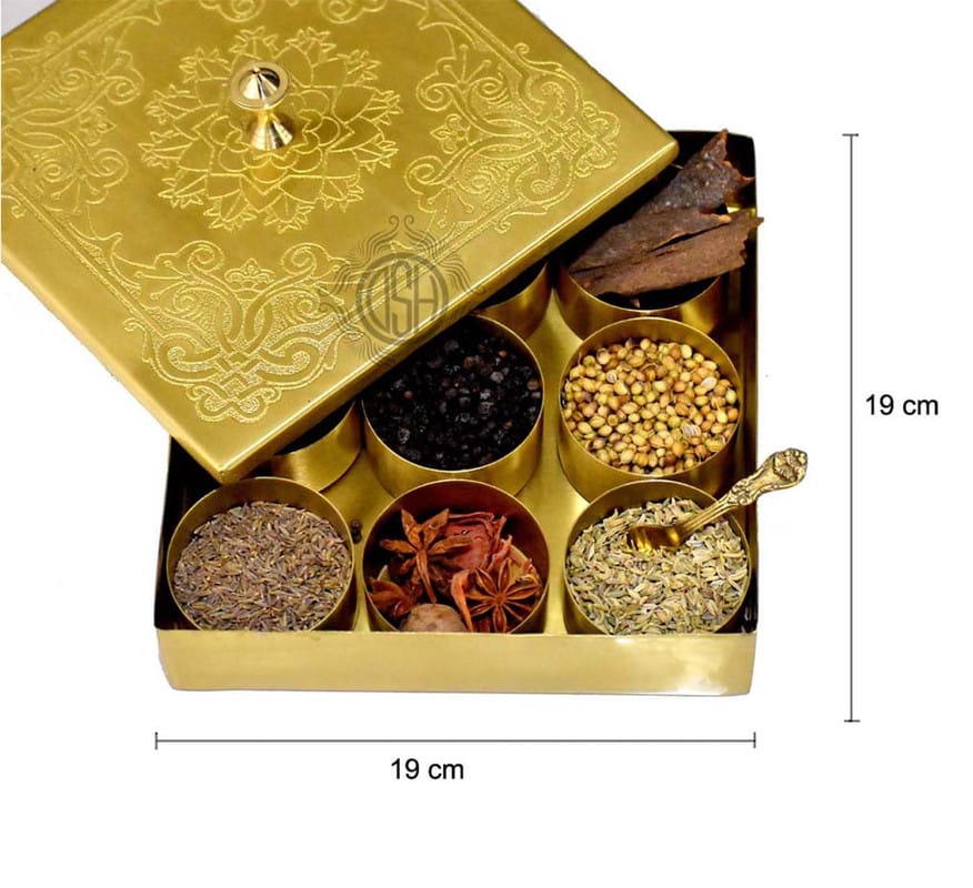 Brass Spice Box Square Shape Multipurpose Stylish Masala Dani Dabba with 1 Spoon And 9 Containers For Kitchen. (BR-8-MASALAbox-SQR) view 2