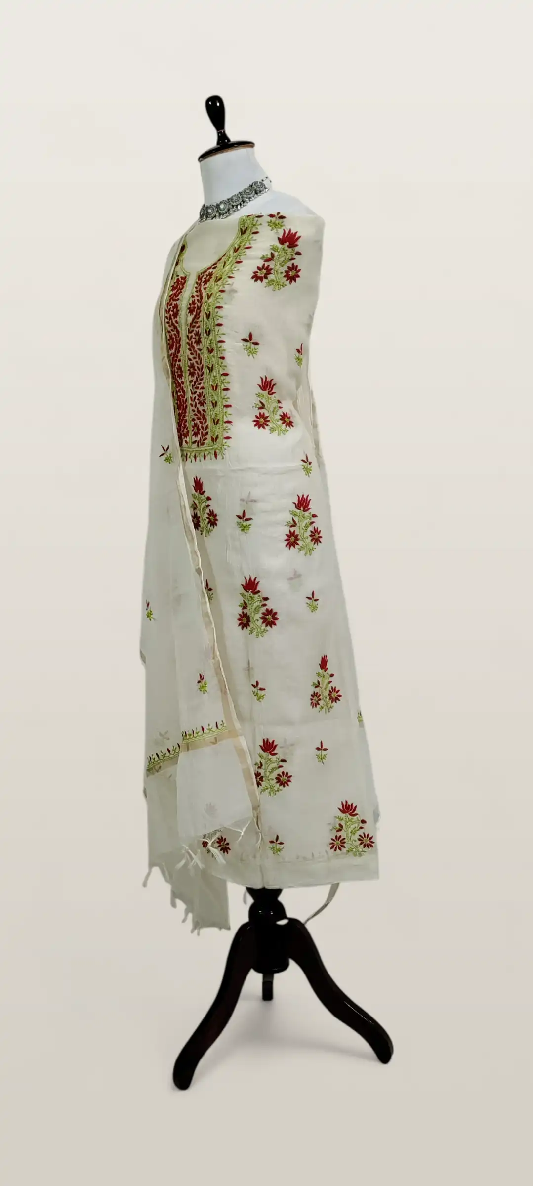 Chikankari Mul Chanderi Dress Material Ivory Red Green view 2
