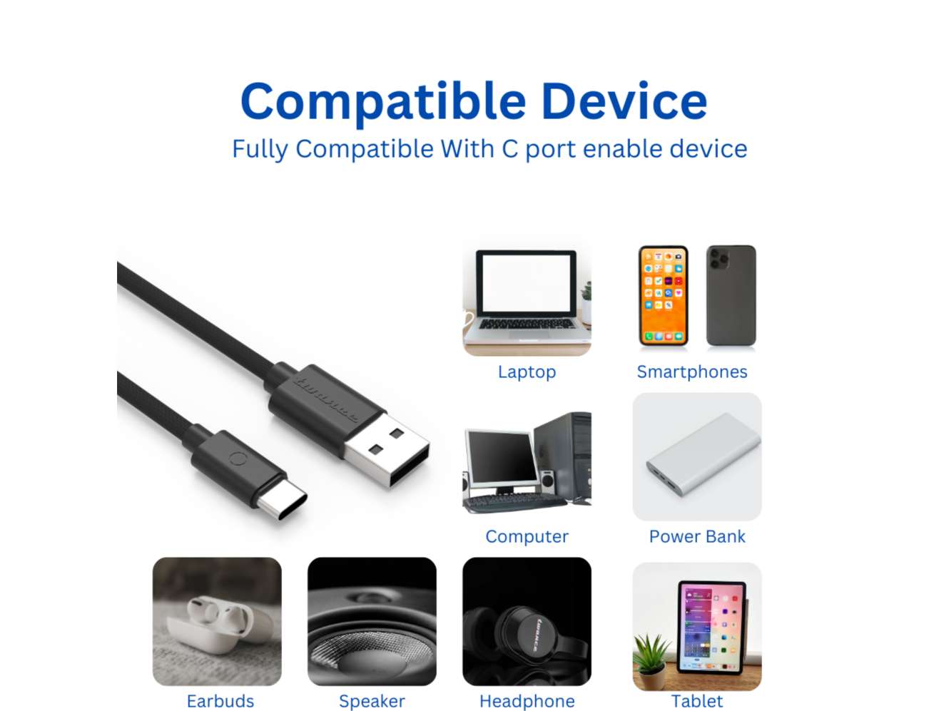 Twance T24B Braided - Type C to USB Charging & data transfer Cable, 2 M, Black - 10 Pieces view 2