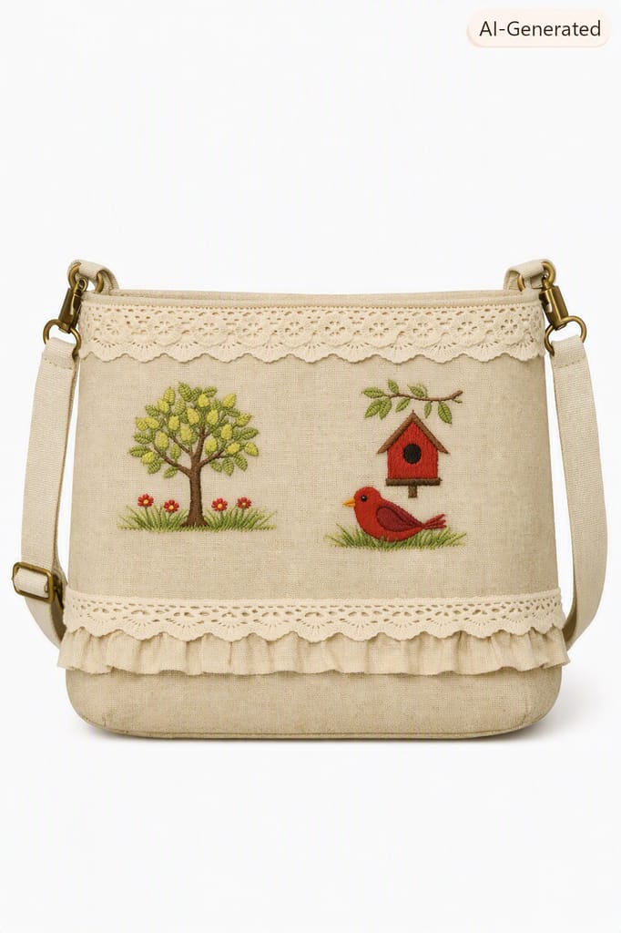 Embroidered Birdhouse and Tree Small Linen Bag with Lace Trim view 2