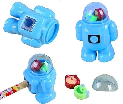 KOBBET® Cutest Stuff Double Blade Astronaut Abs Plastic Pencil Sharpener with Small 2 Erasers for Kids| Sharpener with Dust Collector Sharpener with Eraser Party Favor Gift Set for Kids (10 Sharpener) view 2