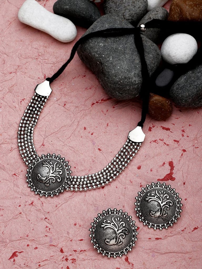 Cardinal Oxidized Silver Color Choker Necklace Set view 2