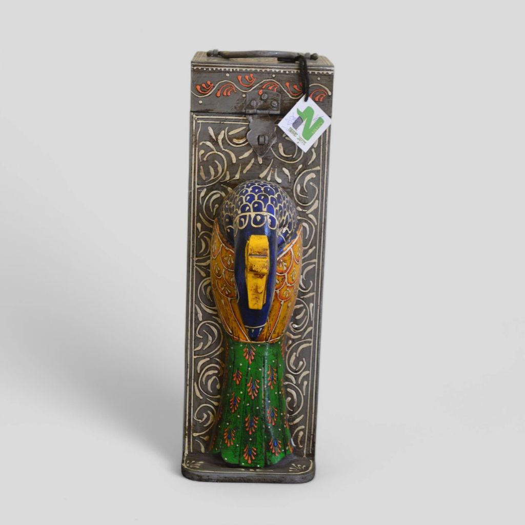 Wooden Hand Painted Peacock Wine Box vintage finish view 2
