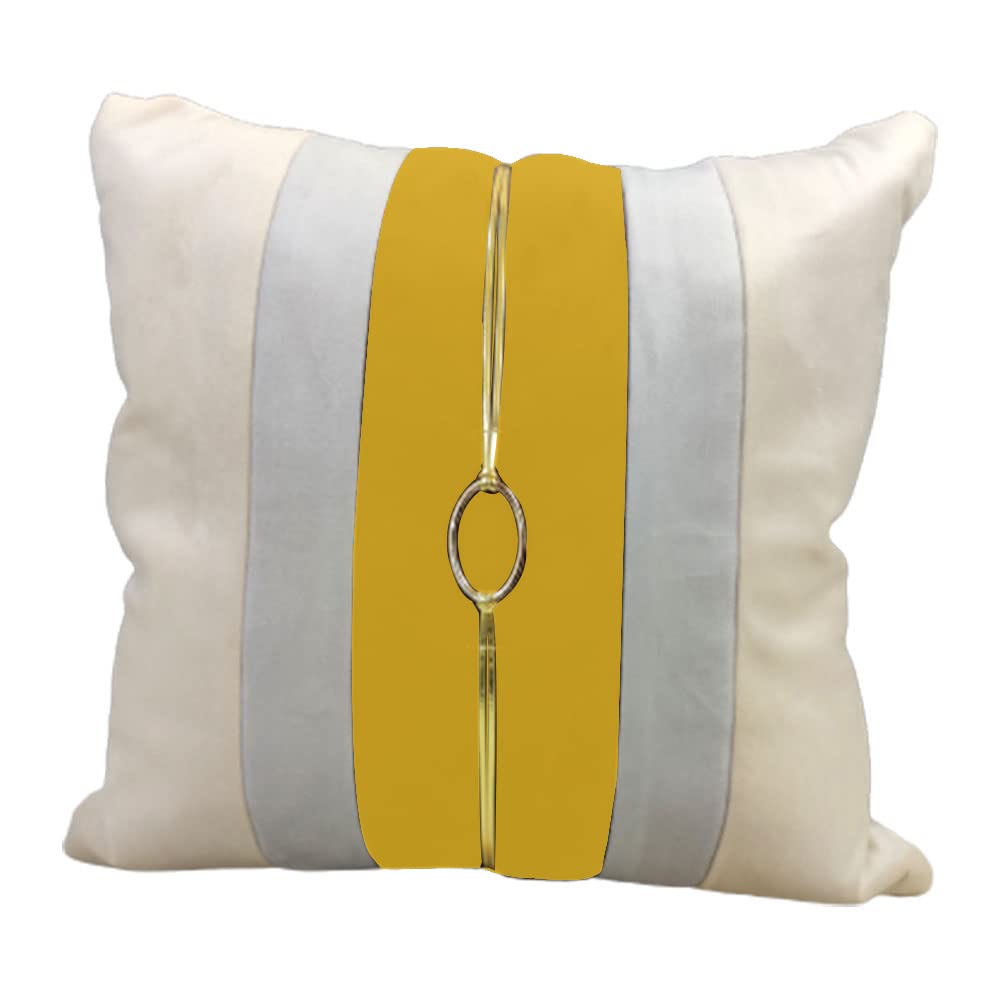 Yellow Beige Buckle Leather Striped Patchwork Velvet Cushion Case Luxury Modern Throw Pillow Cover Decorative Pillow for Couch Living Room Bedroom Car| 16X16 Inches | 40cm * 40 cm I Set of 2| view 2