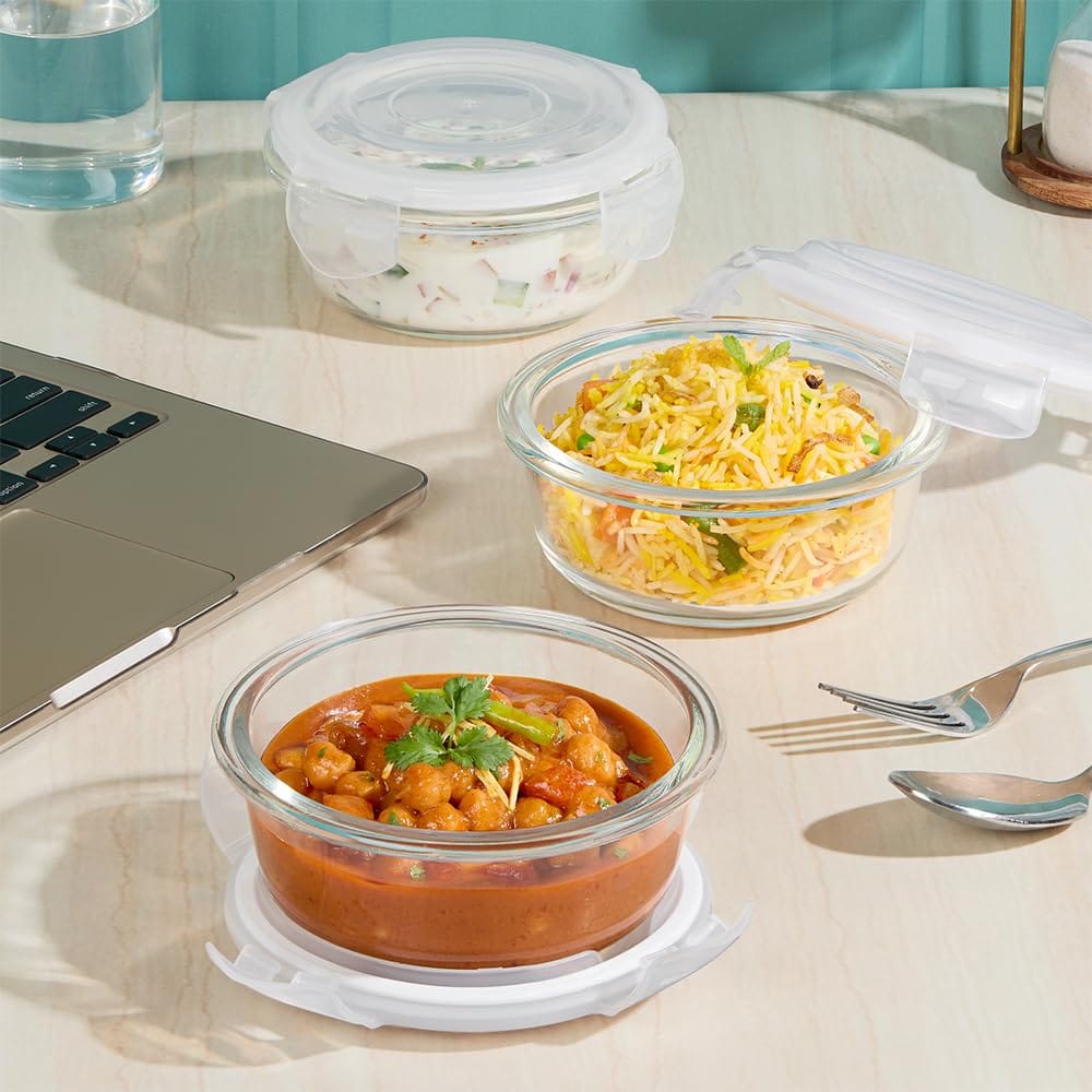 Borosil Mealbox Borosilicate Glass Lunchbox with Bag | 3 pc Round Container Set (400 ml Each) | Microwave & Dishwasher Safe, Leakproof | Tiffin for Office, School, College | Grey view 2