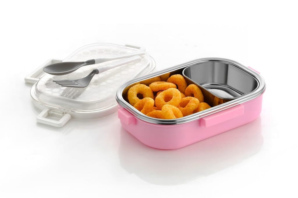 HAPPI Stainless Steel Leak Proof 4 Side Lock System Lunch Box for Office Men and Lunch Box for Kids, Food Warmer Lunch Box with Removable Small Container with 2 Spoons Set (Pink) view 2