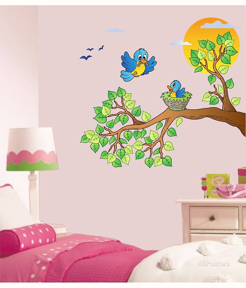 Asmi Collection Baby Birds in Nest on Tree Branch Wall Sticker ( 70 x 75 cms )