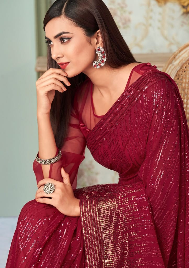 Embroidered Georgette Saree in Red view 2